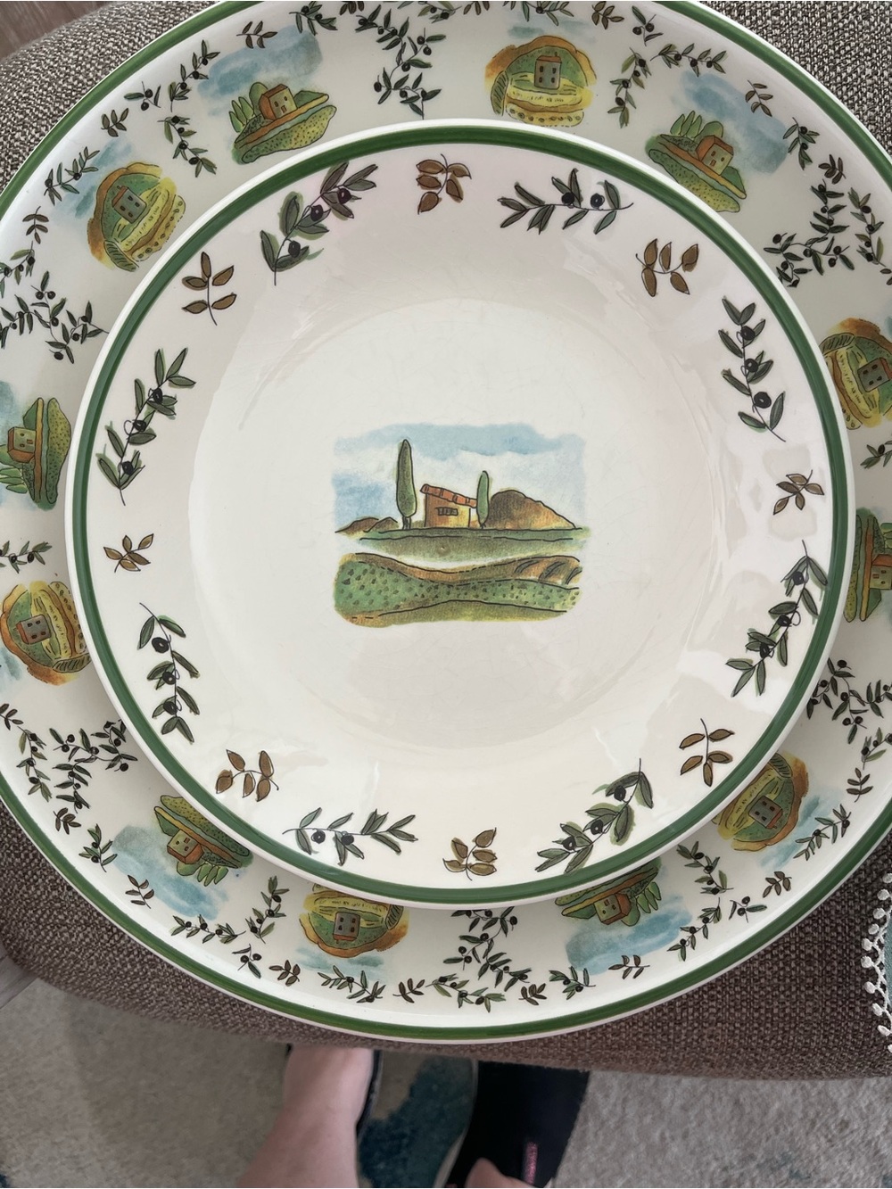 Countryside Ceramic Dinnerware Bowl and Plate Set - Green Accent
